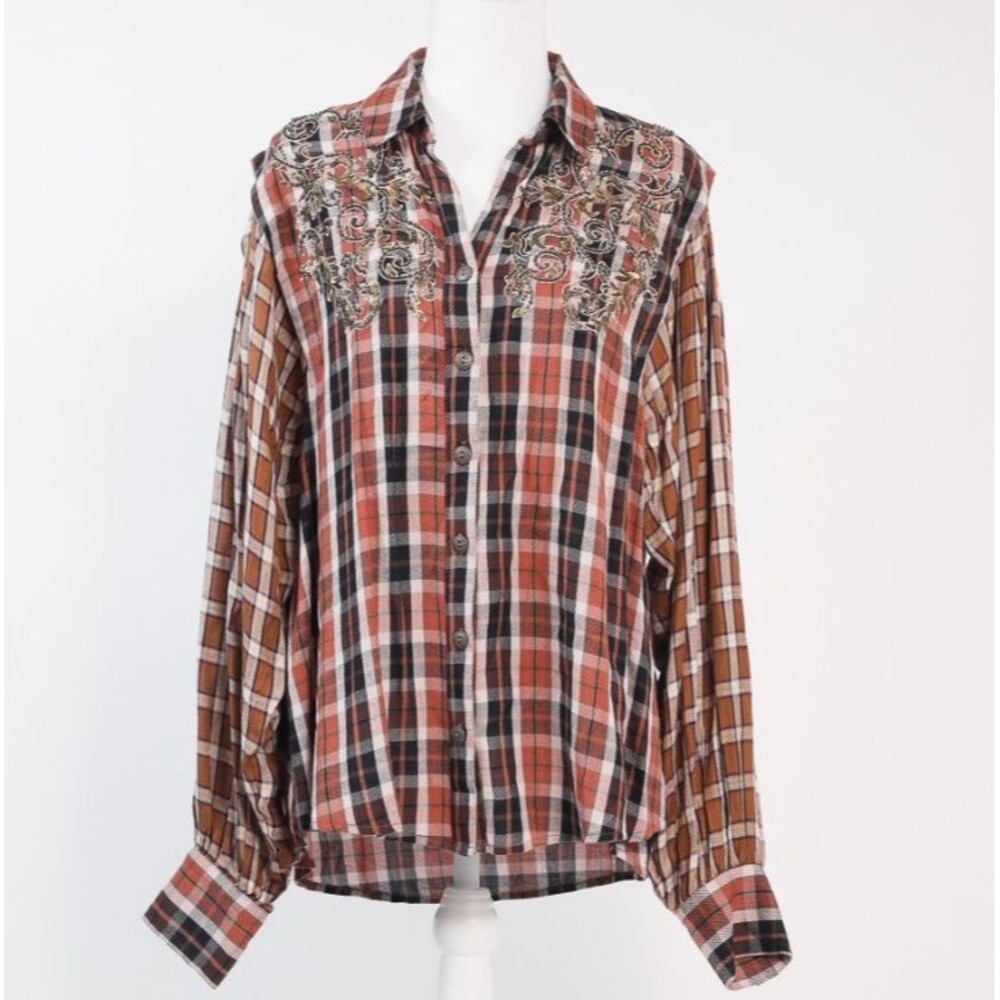 Free People Small Plaid Embroidered Rayon Button Up Shirt Boho Western